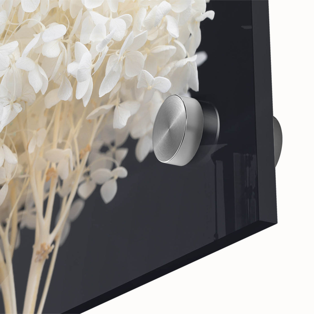 Close-up of a vibrant botanical hydrangea wall art design, showcasing intricate flower details in shades of blue and purple, printed on high-quality acrylic glass. This elegant decor piece adds a refreshing touch to any interior space.