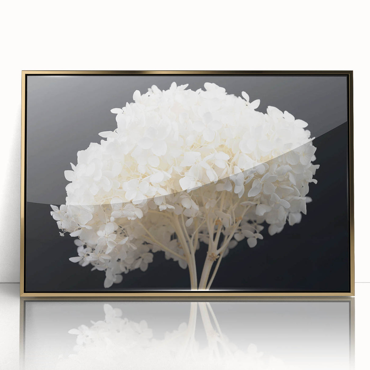 Framed botanical wall art featuring a vibrant hydrangea design with gold accents, showcasing intricate floral details against a sleek acrylic backdrop. Perfect for enhancing home decor.