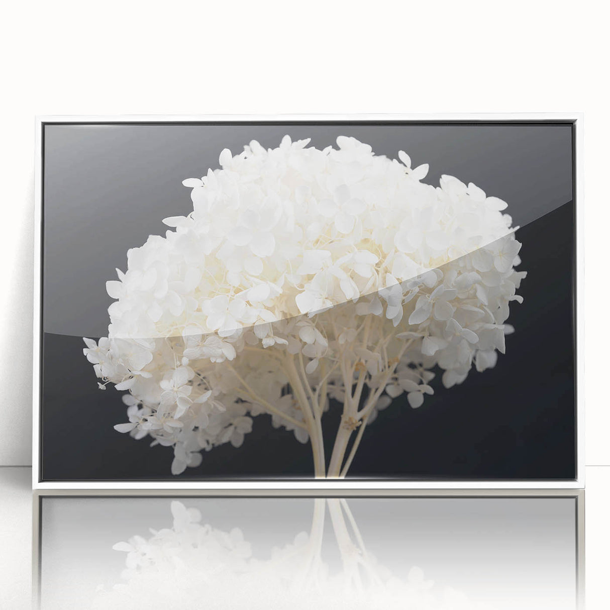 Framed botanical wall art featuring a vibrant hydrangea design, displayed in a sleek white frame, perfect for enhancing home decor with a touch of nature.
