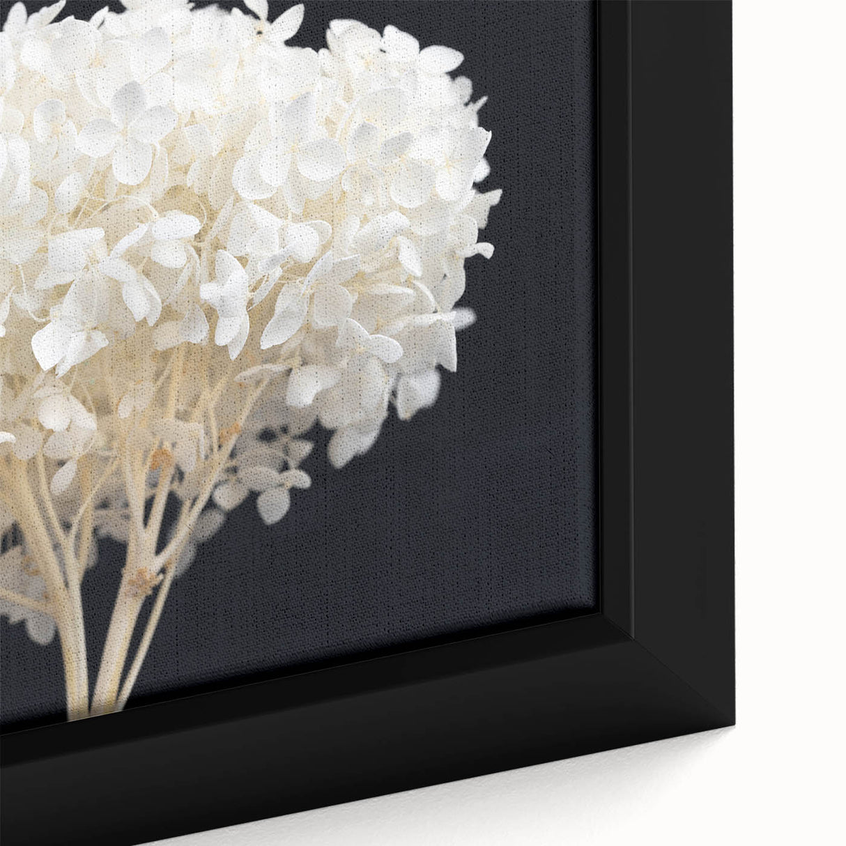 Close-up of a framed canvas wall art featuring a vibrant hydrangea floral design in soft blue and pink hues, perfect for home decor and botanical enthusiasts.