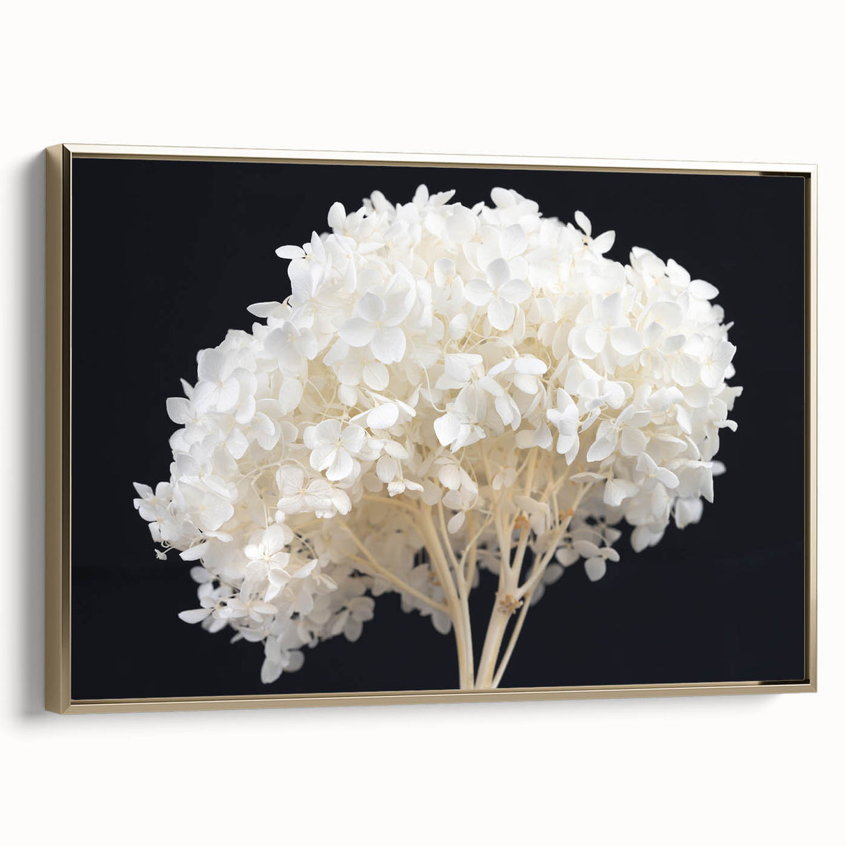 Framed wall art featuring a botanical hydrangea design in soft blue and white hues, set against a gold frame, showcasing an elegant side view for home décor enhancement.