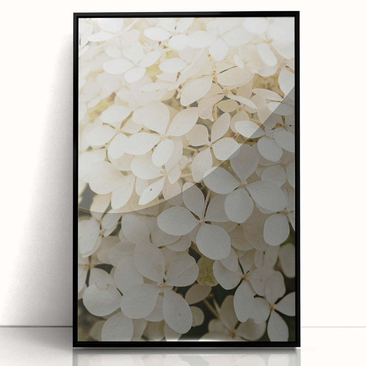 Framed wall art showcasing a vibrant botanical hydrangea design with a black frame, perfect for home decor, adding a touch of elegance and nature-inspired beauty.