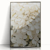 Framed wall art showcasing a botanical hydrangea design with a silver-acrylic finish, perfect for home decor and adding elegance to any room.