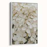 Framed canvas wall art showcasing a botanical hydrangea design in soft pastel colors, elegantly displayed in a white frame, perfect for home decor enhancement.