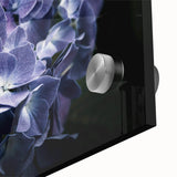 Close-up of a vibrant botanical hydrangea wall art design on acrylic glass, showcasing intricate details and colors, perfect for home decor enthusiasts.