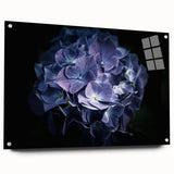 Elegant hydrangea wall art design displayed in a side view, featuring vibrant blue and green hues, framed in acrylic glass. Perfect for botanical decor enthusiasts.