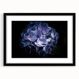 Framed botanical wall art featuring a vibrant hydrangea design, set in a sleek black frame with a white mat, perfect for home decor and nature enthusiasts.