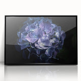 Framed black acrylic wall art showcasing a botanical hydrangea design, featuring vibrant colors and intricate details, perfect for home decor.
