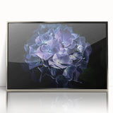 Framed wall art featuring a botanical hydrangea design in vibrant blue and green hues, set in a sleek silver frame, perfect for home decor enhancement.