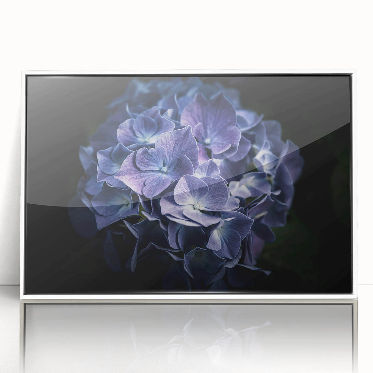 Framed wall art featuring a botanical hydrangea design with vibrant blue and green hues, set against a sleek white background, perfect for home decor.