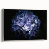 Framed canvas wall art showcasing a botanical hydrangea design in soft pastel colors, elegantly displayed with a silver frame, perfect for home decor.