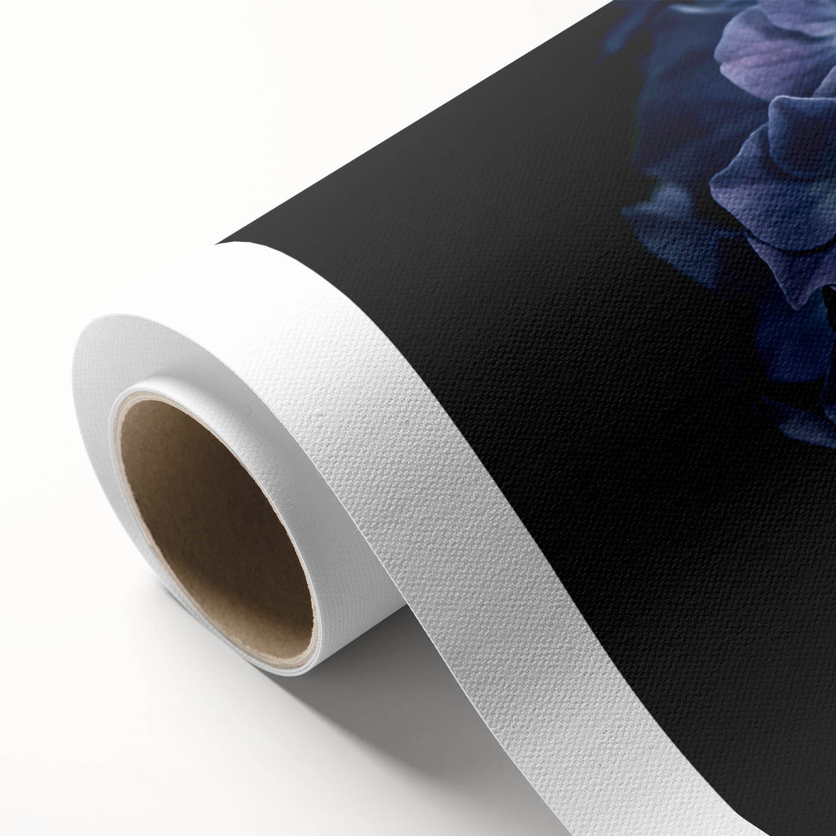 Hydrangea floral wall art design on rolled canvas, showcasing vibrant blue and pink hues, perfect for home decor, available in a protective cardboard tube.