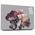 Elegant botanical wall art design featuring irises on acrylic glass, displayed in a stylish side view with decorative pins, ideal for modern home decor.