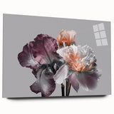 Acrylic glass wall art featuring a botanical iris design in vibrant colors, showcasing intricate floral details and a sleek side profile for modern decor.