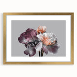 Botanical wall art featuring a stunning gold-framed iris design with a mat, showcasing intricate floral details and vibrant colors, perfect for home decor enhancement.
