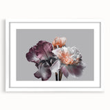 Botanical wall art print featuring delicate irises in soft hues, elegantly framed with a white mat, perfect for enhancing modern home decor.