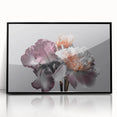 Framed wall art featuring a botanical iris design in vibrant colors, set in a sleek black frame, ideal for home decor and floral aesthetics.