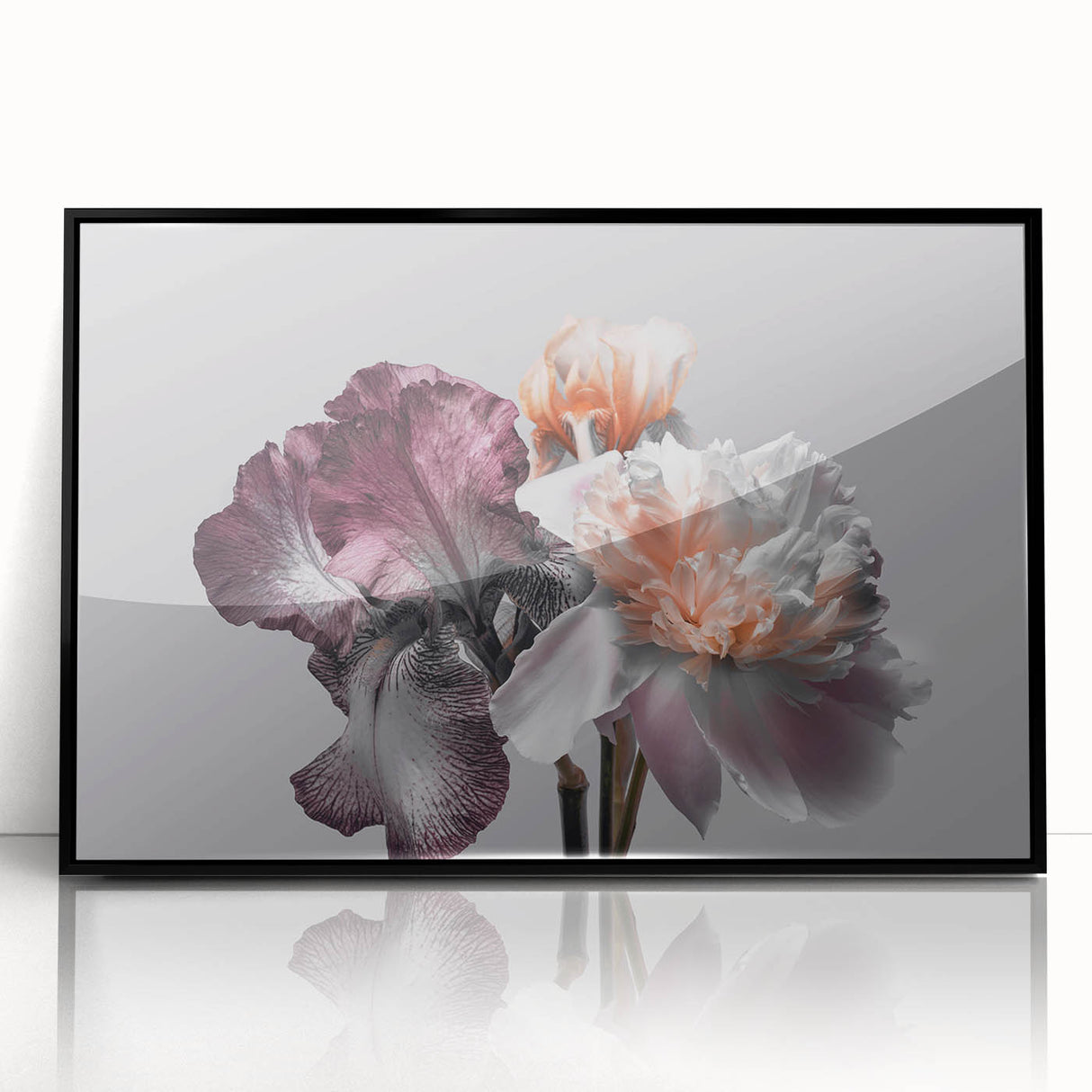 Framed wall art featuring a botanical iris design in vibrant colors, set in a sleek black frame, ideal for home decor and floral aesthetics.
