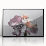 Framed wall art featuring a botanical iris design in vibrant colors, set in a sleek black frame, ideal for home decor and floral aesthetics.