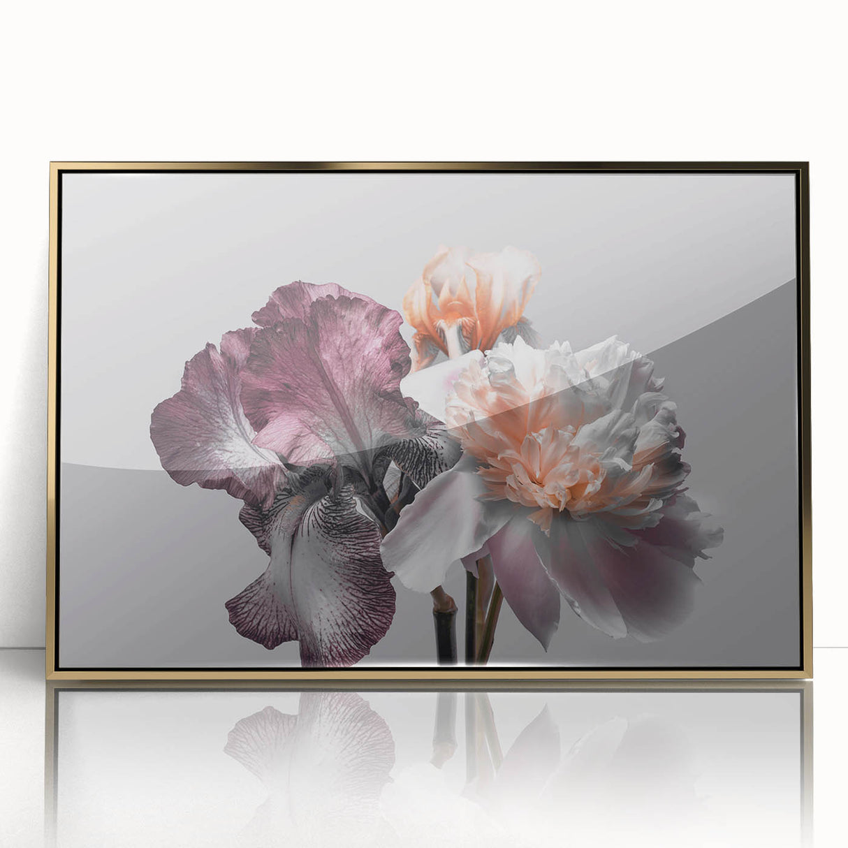 Framed botanical wall art showcasing a stunning gold-accented iris design, elegantly displayed in an acrylic frame, perfect for home decor enhancement.