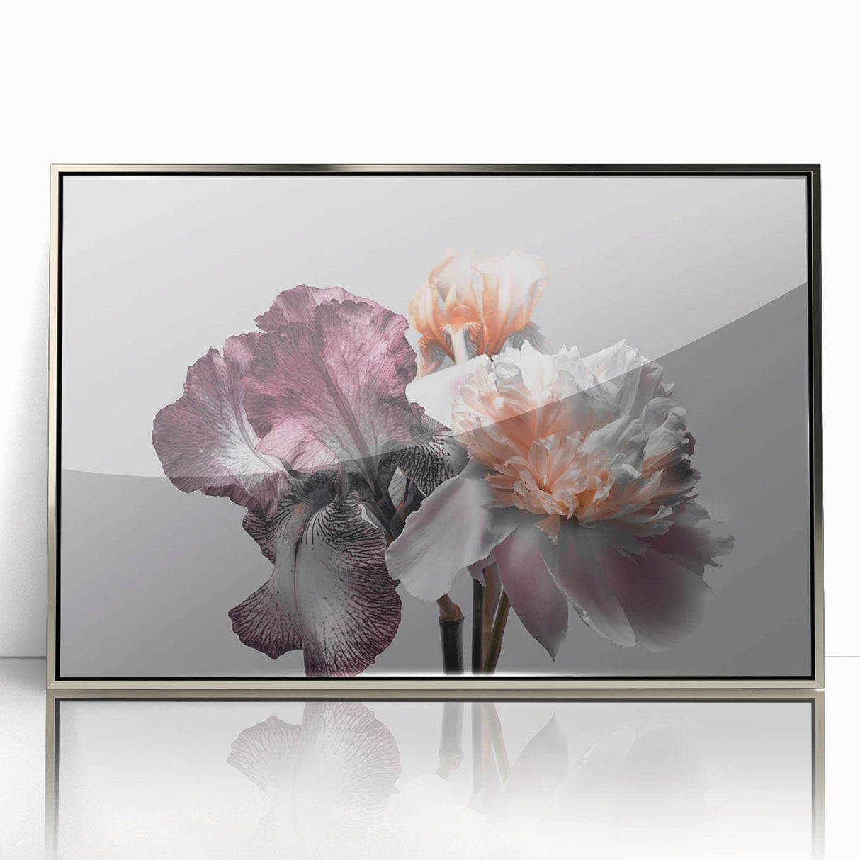 Framed botanical wall art showcasing a vibrant iris design in silver-accented acrylic, perfect for home decor. Elegant floral illustration adds a touch of nature.