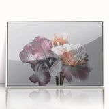 Framed wall art featuring a botanical iris design with vibrant colors and intricate details, displayed in a white frame, perfect for home decor and floral enthusiasts.