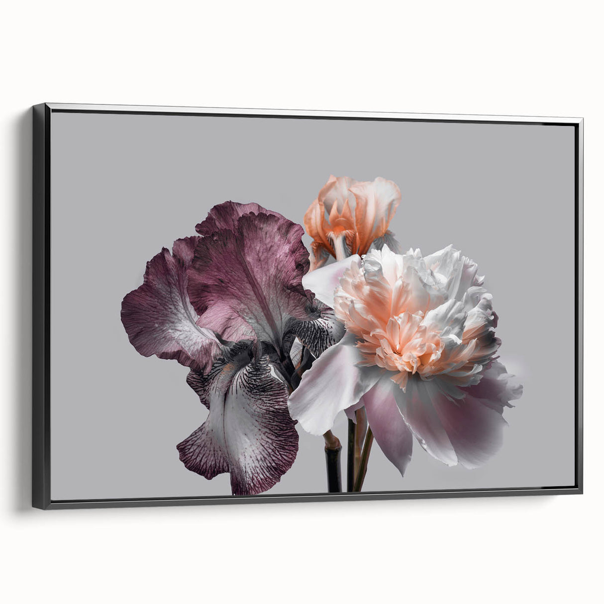 Framed botanical wall art showcasing an elegant iris design on a black canvas, viewed from the side, perfect for modern home decor. Ideal for nature enthusiasts.