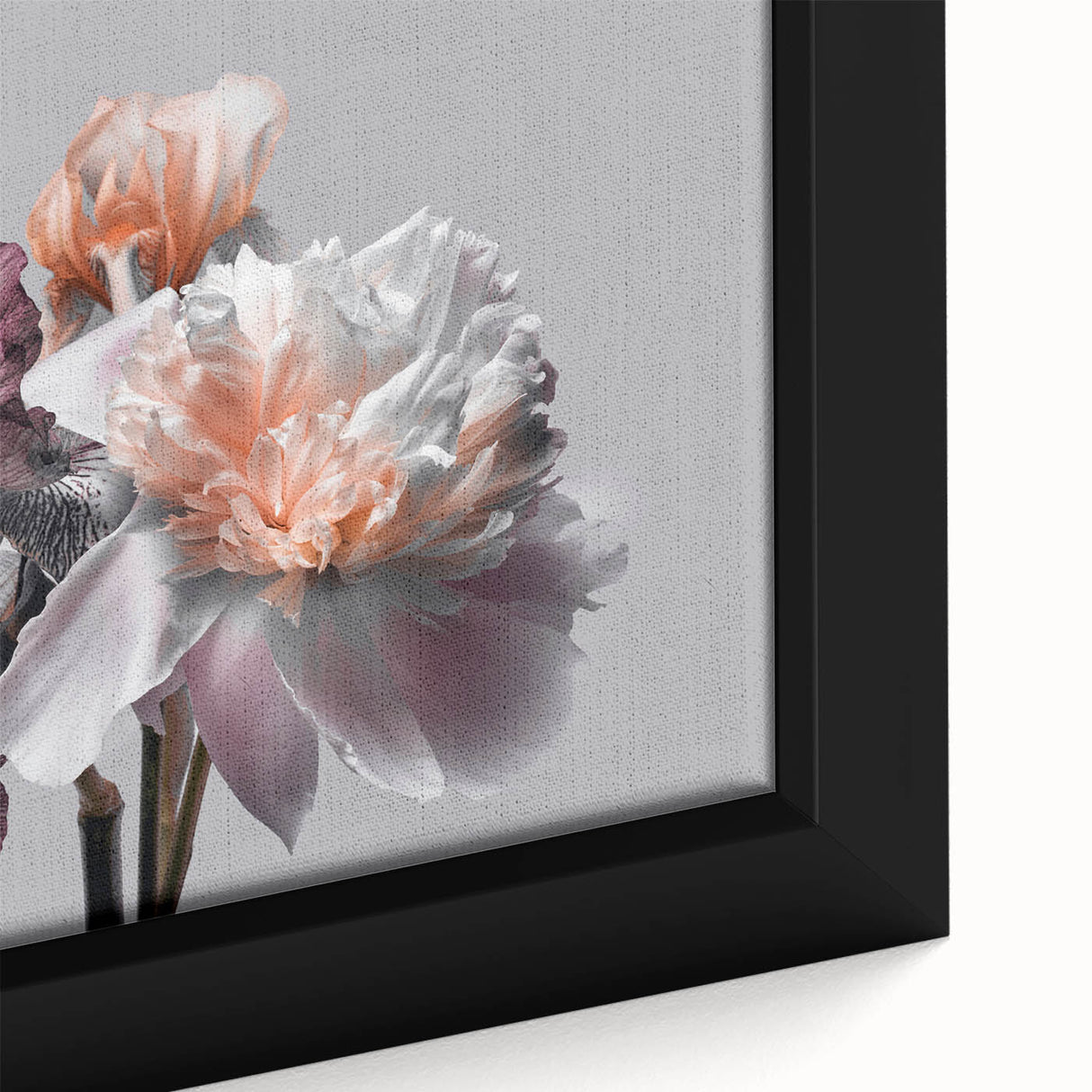 Close-up of a framed botanical wall art piece showcasing vibrant blue and purple iris flowers against a soft white background, perfect for home decor.
