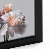 Close-up of a framed botanical wall art piece showcasing vibrant blue and purple iris flowers against a soft white background, perfect for home decor.
