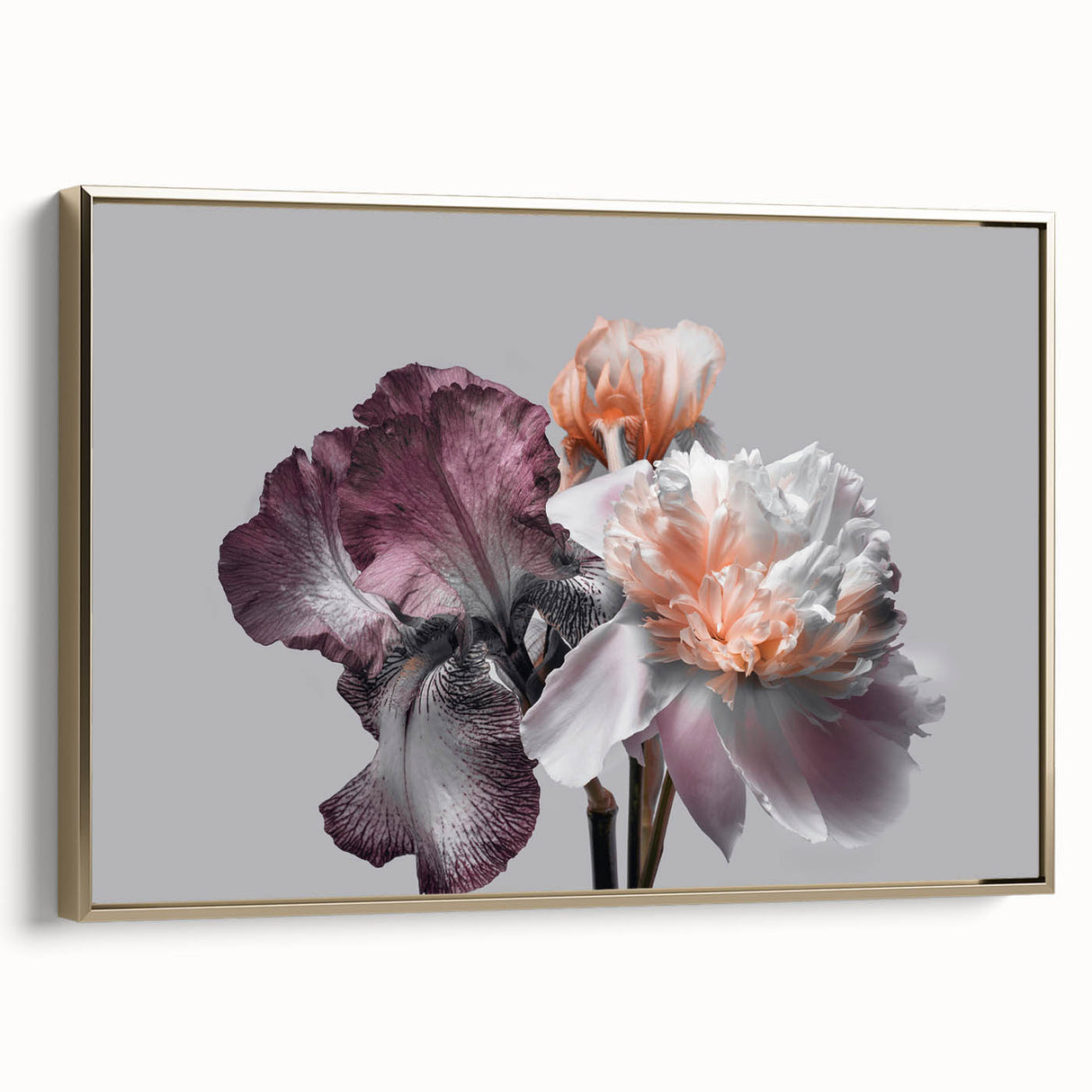 Framed wall art featuring a botanical iris design on canvas, showcasing vibrant colors and intricate details, with a stylish gold frame enhancing the artwork's elegance.