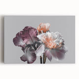 Stretched canvas wall art featuring a vibrant botanical design of irises in shades of blue and purple, ideal for home decor or floral-themed interiors.