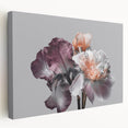 Stretched canvas wall art showcasing a vibrant botanical iris design, featuring rich colors and intricate details, ideal for enhancing home decor.