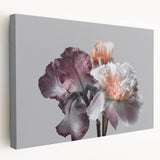 Stretched canvas wall art showcasing a vibrant botanical iris design, featuring rich colors and intricate details, ideal for enhancing home decor.