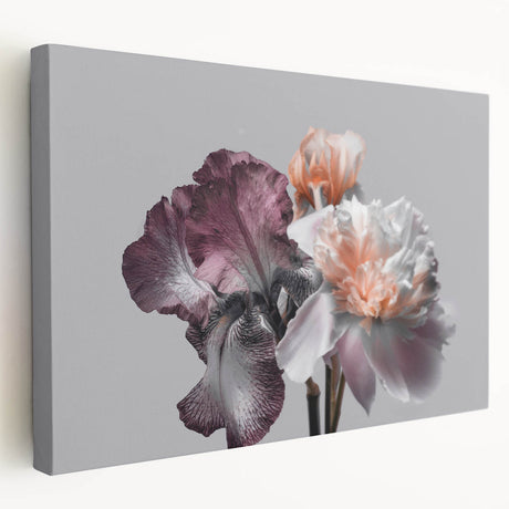 Stretched canvas wall art showcasing a vibrant botanical iris design, featuring rich colors and intricate details, ideal for enhancing home decor.