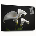 Side view of a botanical wall art piece featuring vibrant irises in a contemporary design, displayed with acrylic glass and decorative pins, enhancing its elegance and depth.