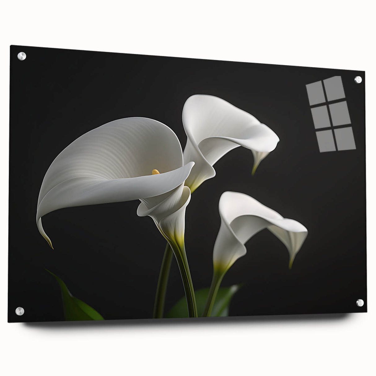 Side view of a botanical wall art piece featuring vibrant irises in a contemporary design, displayed with acrylic glass and decorative pins, enhancing its elegance and depth.