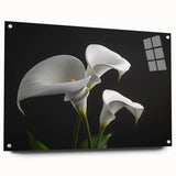 Side view of a botanical wall art piece featuring vibrant irises in a contemporary design, displayed with acrylic glass and decorative pins, enhancing its elegance and depth.