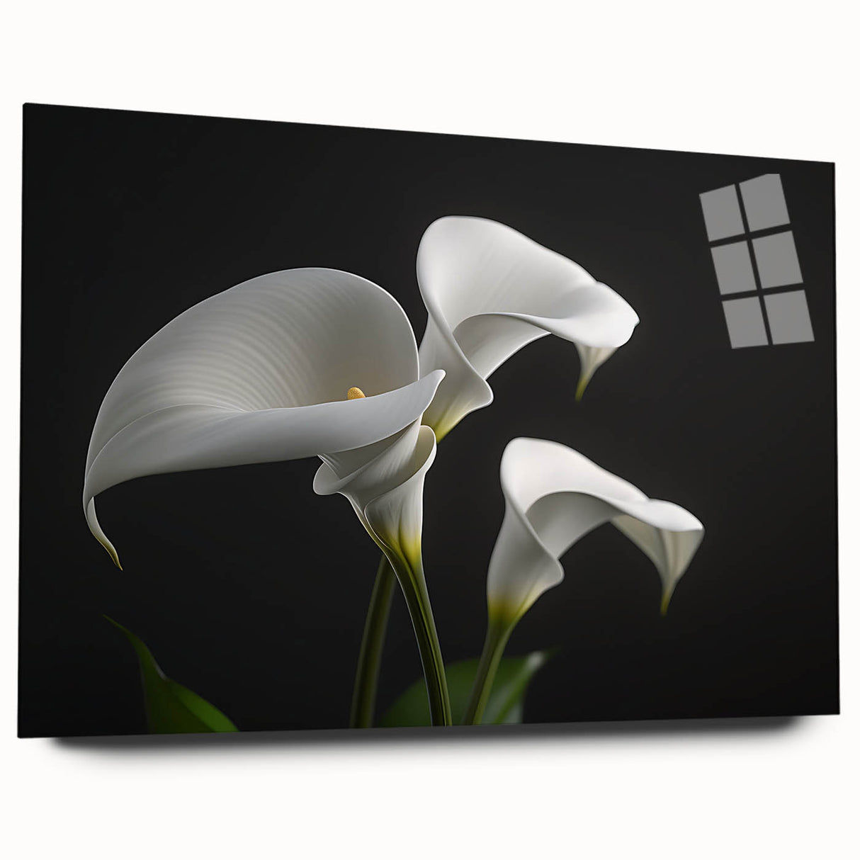 Side view of a botanical wall art design featuring vibrant irises under acrylic glass, showcasing intricate details and colors, perfect for home decor.
