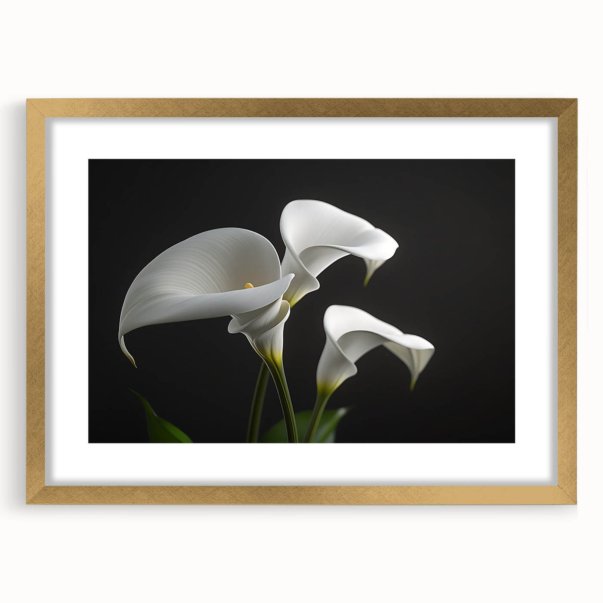 Botanical wall art featuring a stunning gold-framed iris design, set against a soft mat background, exuding elegance and sophistication for home decor. This floral artwork adds a touch of nature-inspired beauty to any living space, perfect for modern interiors.