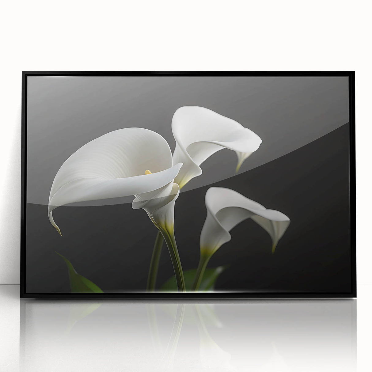 Framed wall art featuring a botanical iris design in vibrant colors, set in a sleek black frame, perfect for home decor or gallery display.