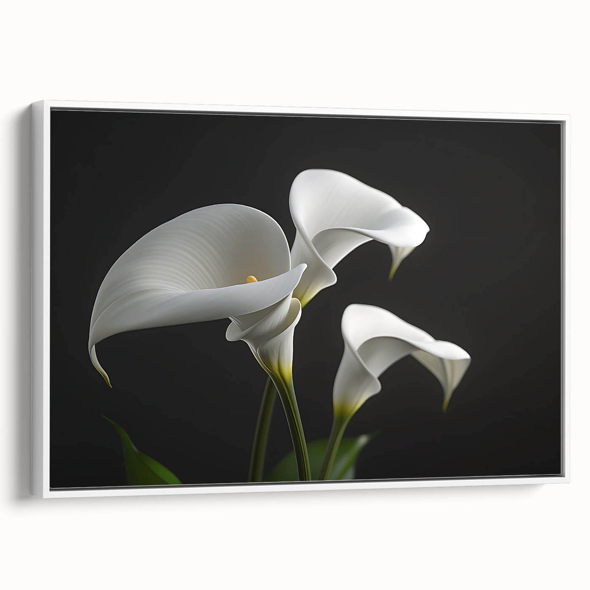 Framed canvas wall art showcasing a delicate botanical iris design in soft hues of blue and white, elegantly displayed from a side view, ideal for home decor.