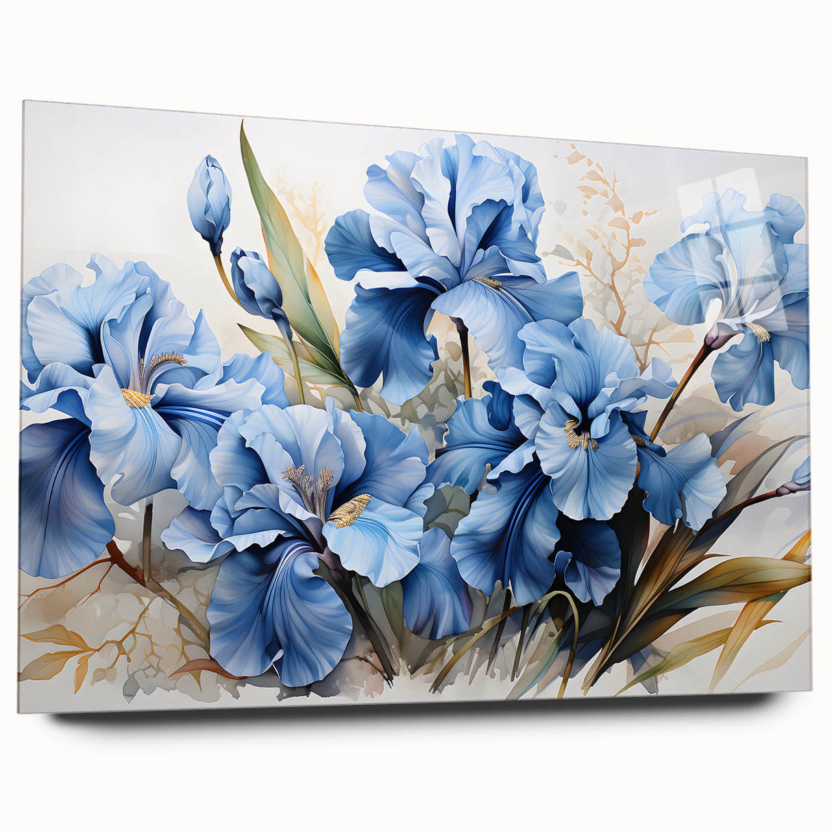 Botanical wall art showcasing vibrant iris flowers, elegantly displayed in a sleek acrylic glass frame, side view highlighting the intricate design and colors.