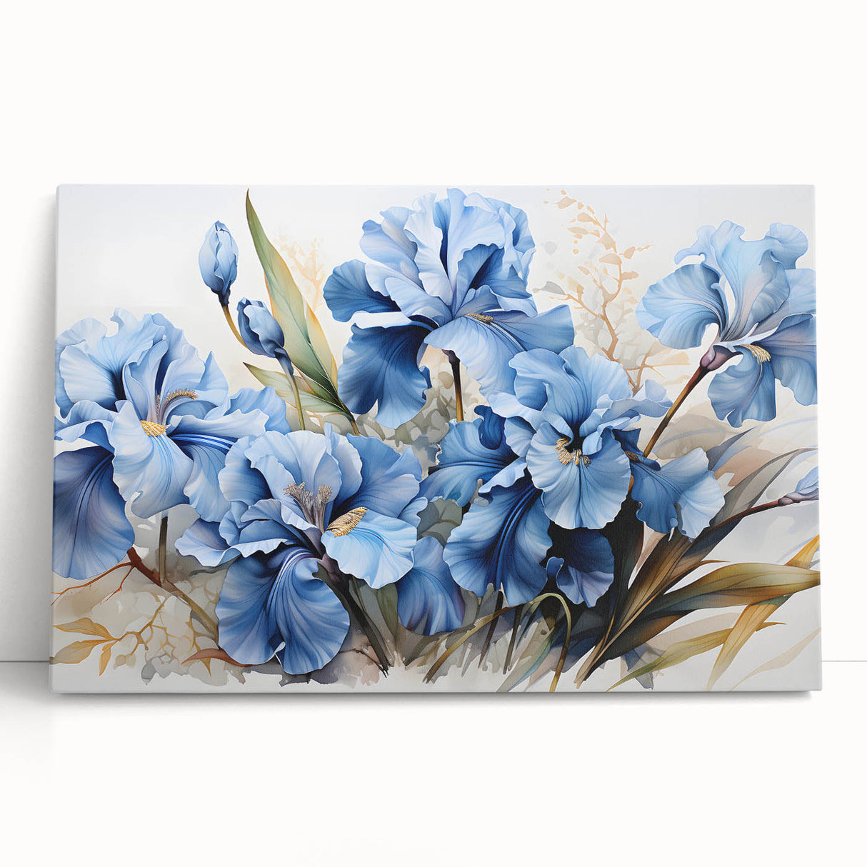 Stretched canvas wall art featuring a botanical iris design in vibrant colors, elegantly leaning against a neutral backdrop, perfect for home decor.