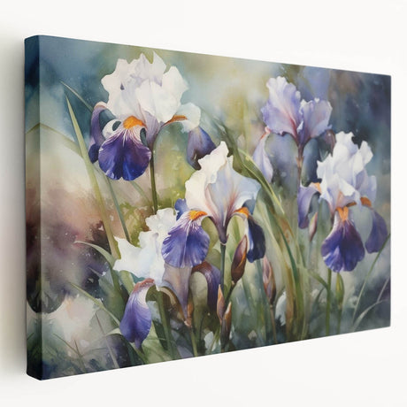 Stretched canvas wall art featuring a vibrant botanical iris design in soft purple and green hues, showcasing elegant floral details ideal for home decor.