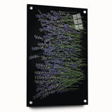 Acrylic glass wall art showcasing a botanical lavender design, highlighting delicate floral details in soft purple and green hues, elegantly displayed with pins.