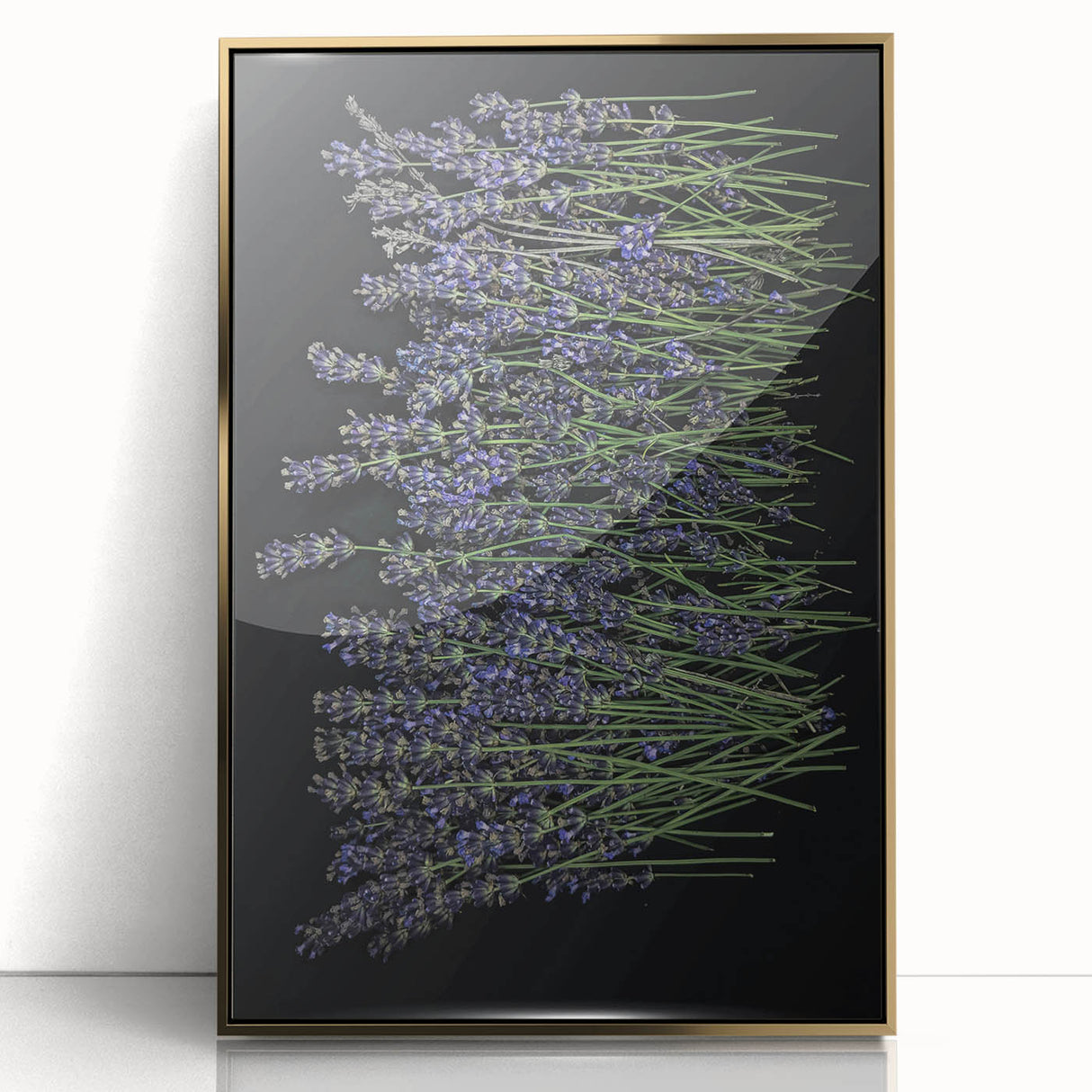 Framed wall art showcasing a botanical lavender design with gold-accented acrylic front, perfect for adding elegance to home decor. Ideal for floral enthusiasts.