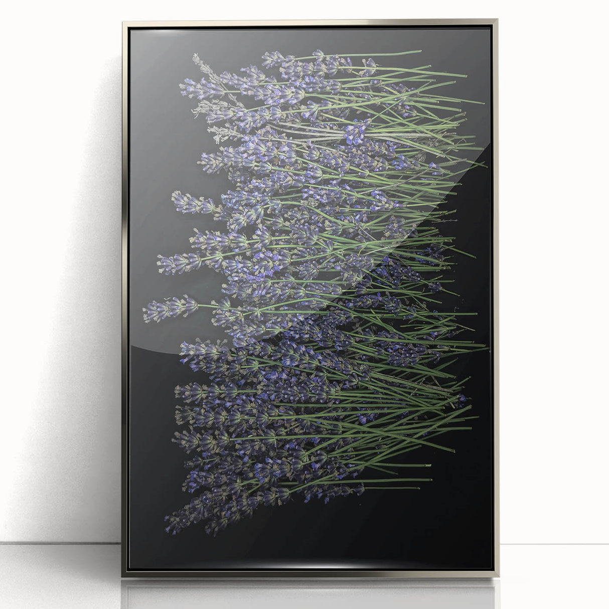 Framed botanical wall art featuring a beautiful lavender design with silver accents, ideal for home decor, showcasing elegance and serenity in any room.