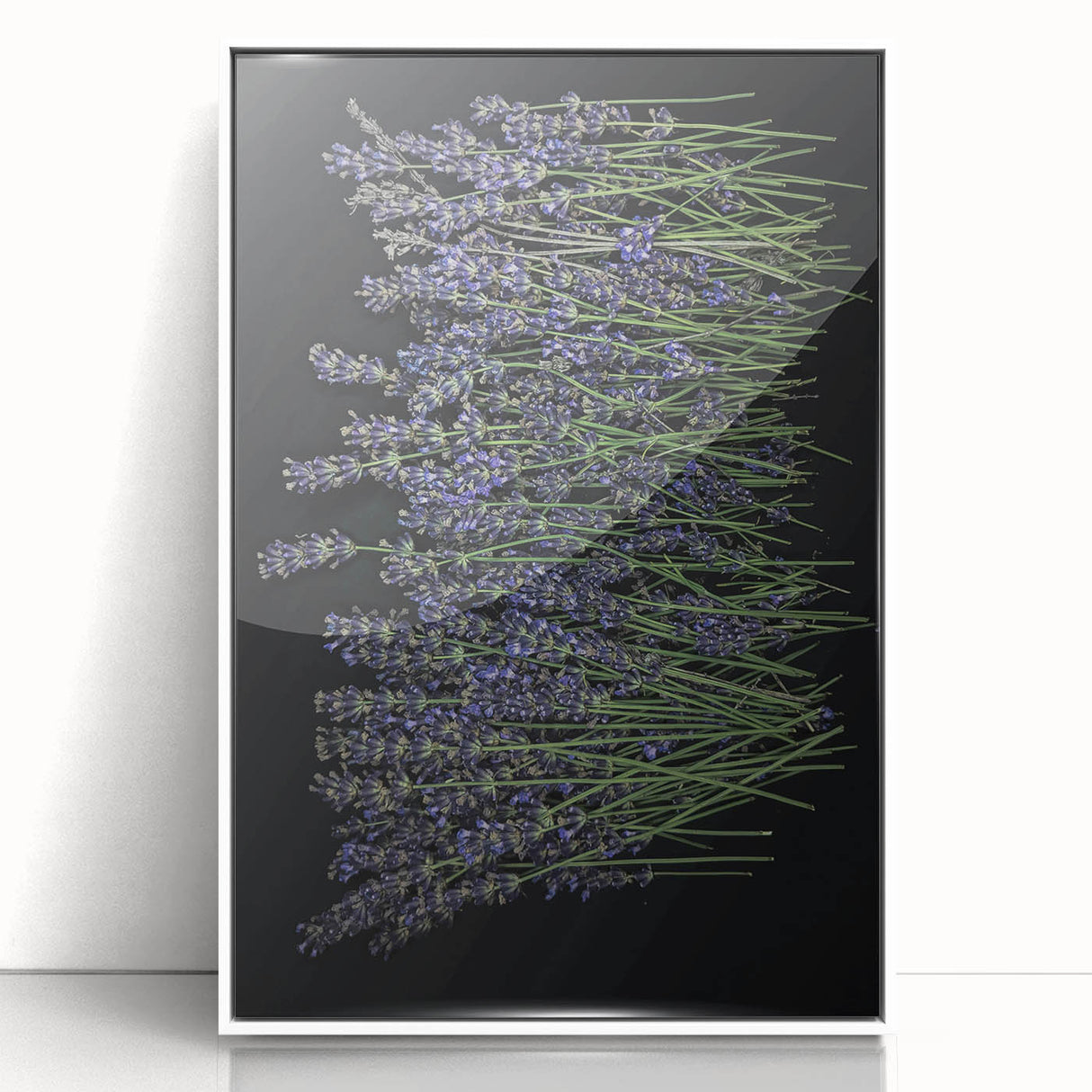 Framed wall art featuring a botanical lavender design, showcasing vibrant purple flowers with green leaves, set against a crisp white background, perfect for home decor.