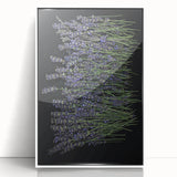 Framed wall art featuring a botanical lavender design, showcasing vibrant purple flowers with green leaves, set against a crisp white background, perfect for home decor.