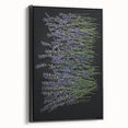 Framed canvas wall art featuring a botanical lavender design, showcasing vibrant purple flowers against a sleek black frame, perfect for home decor.